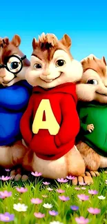 Three cheerful cartoon chipmunks with colorful outfits in a vibrant field.