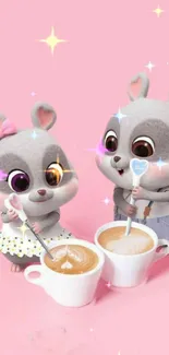 Cartoon animals stirring coffee on pink background.