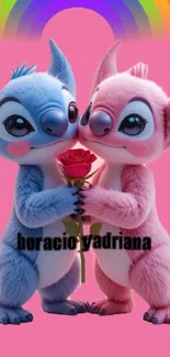 Cute cartoon couple with rose on pink background.