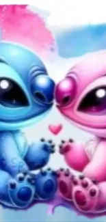 Adorable blue and pink cartoon creatures with a heart