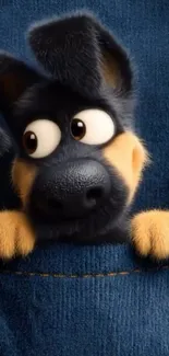 Cute cartoon dog peeking out of a blue denim pocket.