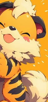 Cute cartoon tiger peeking on orange background.