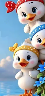 Three cute cartoon ducklings with bows peeking out playfully.