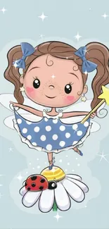 Adorable cartoon fairy with pigtails, blue dress.