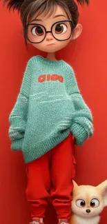 Charming cartoon girl in glasses and sweater with a small animal.
