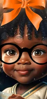 Adorable cartoon girl with glasses and an orange bow on a mobile wallpaper.