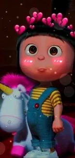 Cute cartoon girl with pink cheeks and unicorn.