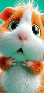 Cute cartoon hamster with big eyes on a turquoise background.