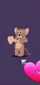 Cute cartoon character with heart on purple wallpaper.