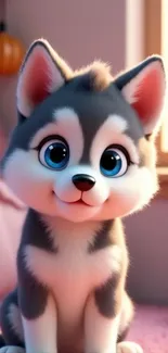 Adorable cartoon husky puppy with blue eyes sitting in a cozy room.
