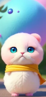 Fluffy cartoon kitten with blue eyes and yellow scarf on a vibrant background.