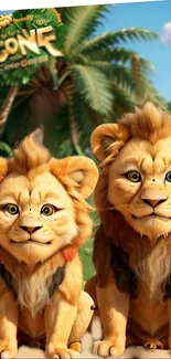 Two cute cartoon lions in a jungle setting with a tropical backdrop.