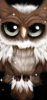 Adorable cartoon owl with big eyes on black background.