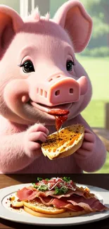 Cartoon pig enjoying breakfast with a sandwich on a sunny day.