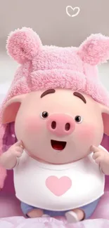 Smiling cartoon pig with pink hat on mobile wallpaper.