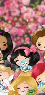 Adorable cartoon princesses with pink background