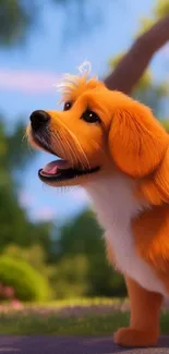 Orange animated puppy in a vibrant nature setting.