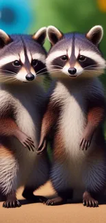 Cartoon raccoons standing together on a colorful background.