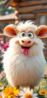 Adorable cartoon sheep in a colorful garden setting.