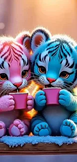 Adorable cartoon tiger cubs with mugs, vibrant colors.