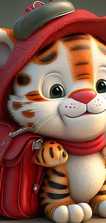 Adorable cartoon tiger cub with red accessories and playful design.