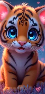 Adorable cartoon tiger cub with big blue eyes and pink hearts.