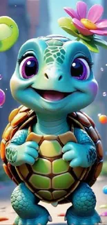 Adorable cartoon turtle with colorful flowers and bubbles.