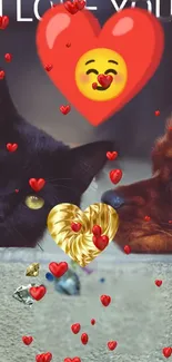 Cute cat and dog with hearts and emojis mobile wallpaper.