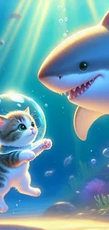 Cute kitten in bubble helmet meets smiling shark underwater.