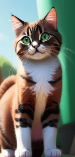 Cute cartoon cat with green eyes in vibrant design.