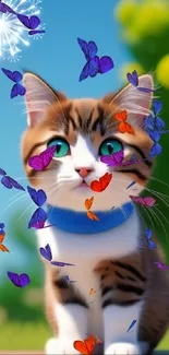 Cute cartoon cat with fireworks and vibrant background.