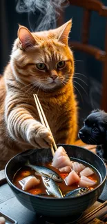 Ginger cat with chopsticks enjoying meal