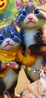 Cute kittens with flowers and an emoji in a vibrant wallpaper design.