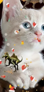 Adorable kitten with festive elements and dinosaur.