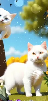 Two white cats in a vibrant flower garden with a bright, clear sky.