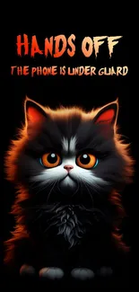 Cute black cat with warning text on wallpaper.