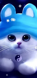 Cute white kitten wearing a blue hat.