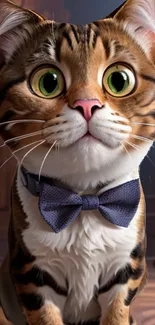 Charming cat wearing a bowtie with a curious look on its face.