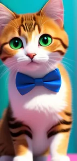 Cute cat with a blue bowtie and green eyes for mobile wallpaper.