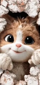 Animated cat pops out of a brick wall.