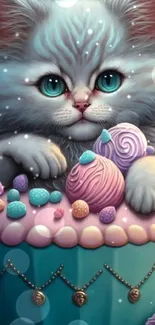 Whimsical cat with candy-themed decor in teal wallpaper.