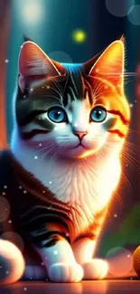 Adorable cat with blue eyes in a magical forest setting, colorful lights surrounding.