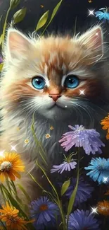 Fluffy kitten with blue eyes among colorful garden flowers.