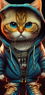 Cute cat in a teal hoodie with blue eyes, designed as mobile wallpaper.