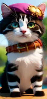 Cute cartoon cat with pirate hat wallpaper.