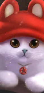 Cute white cat in red beanie, playful and adorable.