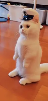 White cat wearing a sailor hat on wooden floor.