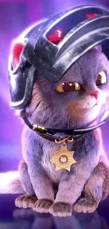 Adorable fluffy cat with a space helmet on a purple background.