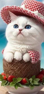 Adorable white cat in a gingham hat by the beach, surrounded by strawberries.