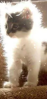 Fluffy kitten basking in soft sunlight on carpeted stairs.